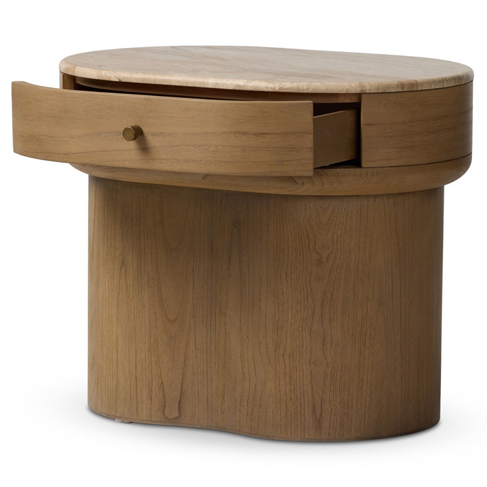 Lando Modern Classic Beige Marble Brown Wood Nightstand|