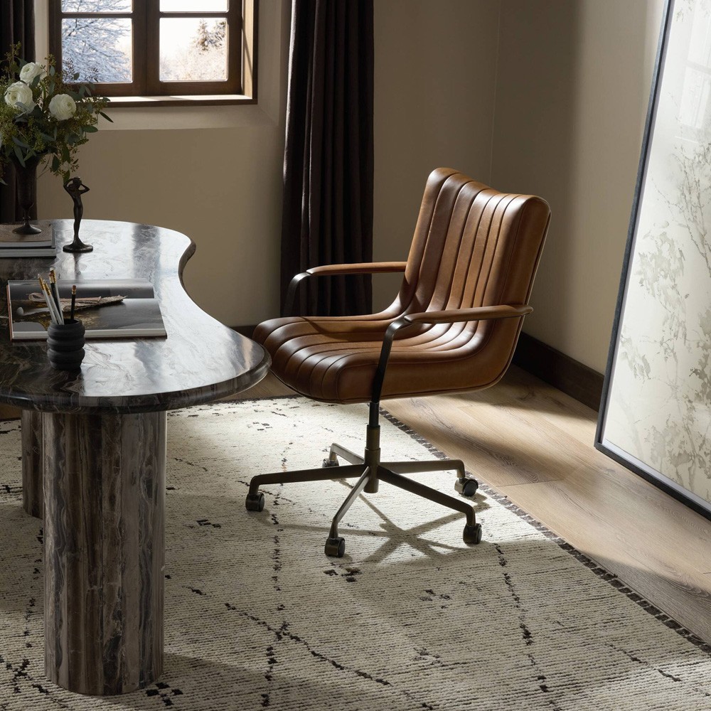 Lemmy Modern Classic Brown Leather Brushed Brass Desk Chair|