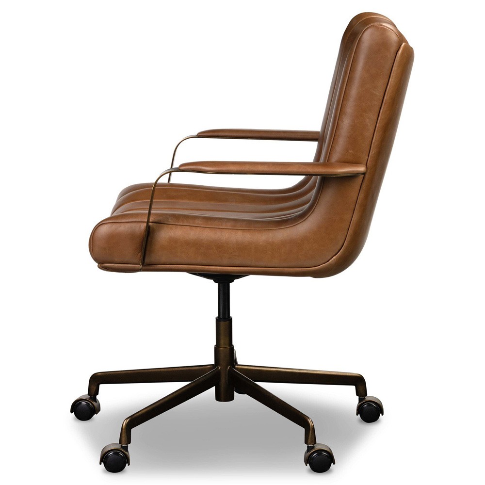 Lemmy Modern Classic Brown Leather Brushed Brass Desk Chair|