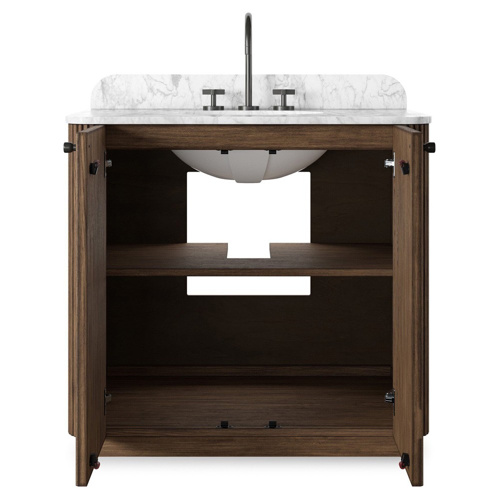 Malden Modern Classic White Marble Brown Oak Reeded Vanity Sink - 36"|