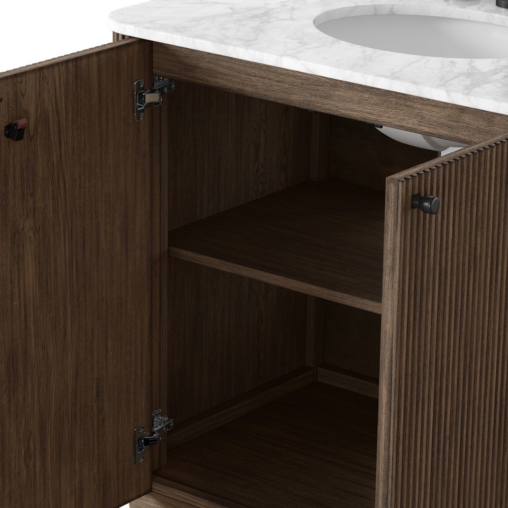Malden Modern Classic White Marble Brown Oak Reeded Vanity Sink - 36"|