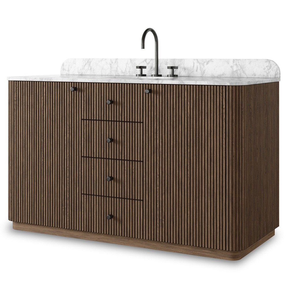 Malden Modern Classic White Marble Brown Oak Reeded Wide Vanity Sink - 55"|