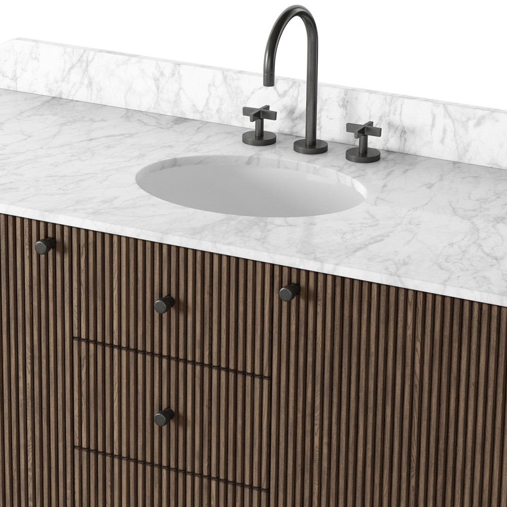 Malden Modern Classic White Marble Brown Oak Reeded Wide Vanity Sink - 55"|