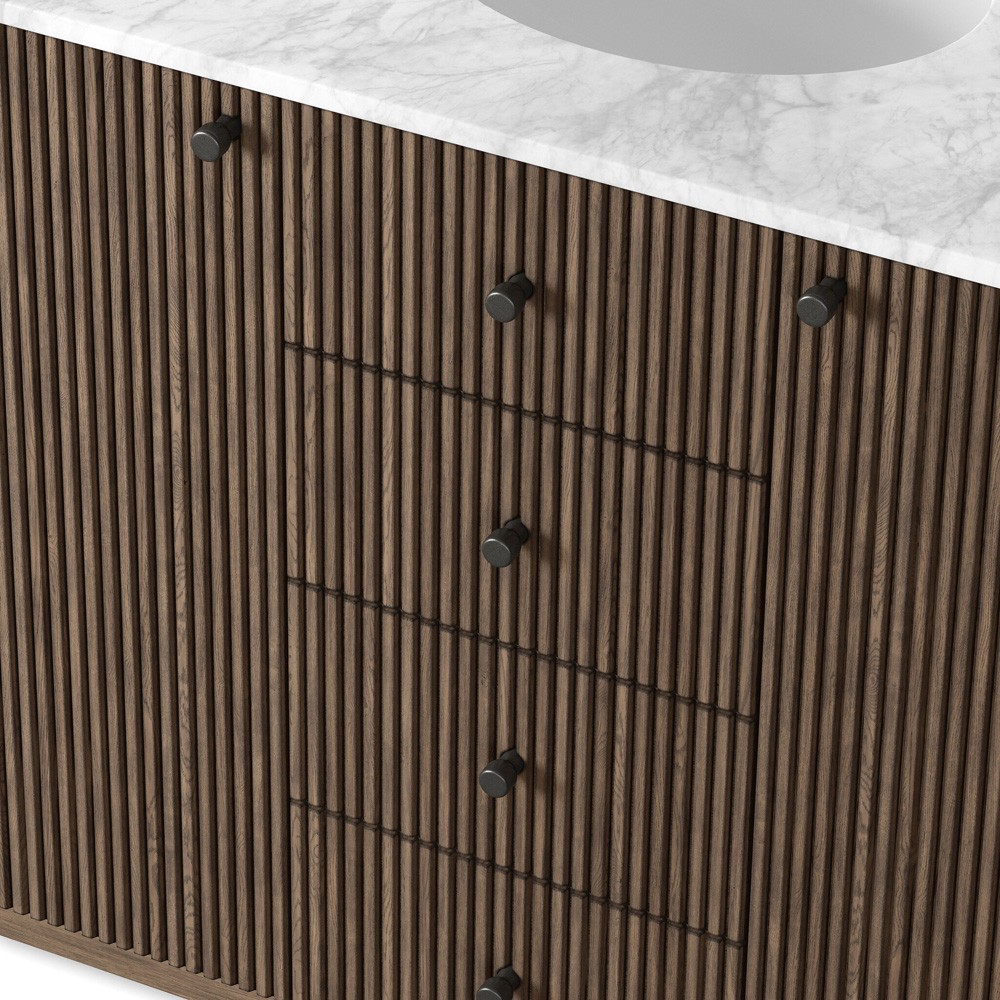 Malden Modern Classic White Marble Brown Oak Reeded Wide Vanity Sink - 55"|