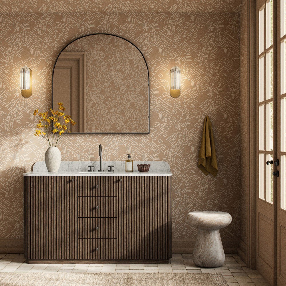 Malden Modern Classic White Marble Brown Oak Reeded Wide Vanity Sink - 55"|