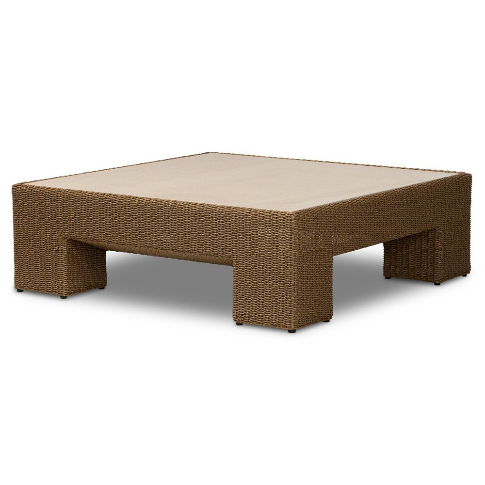 Maris Coastal Beach Beige Stone Woven Outdoor Coffee Table|