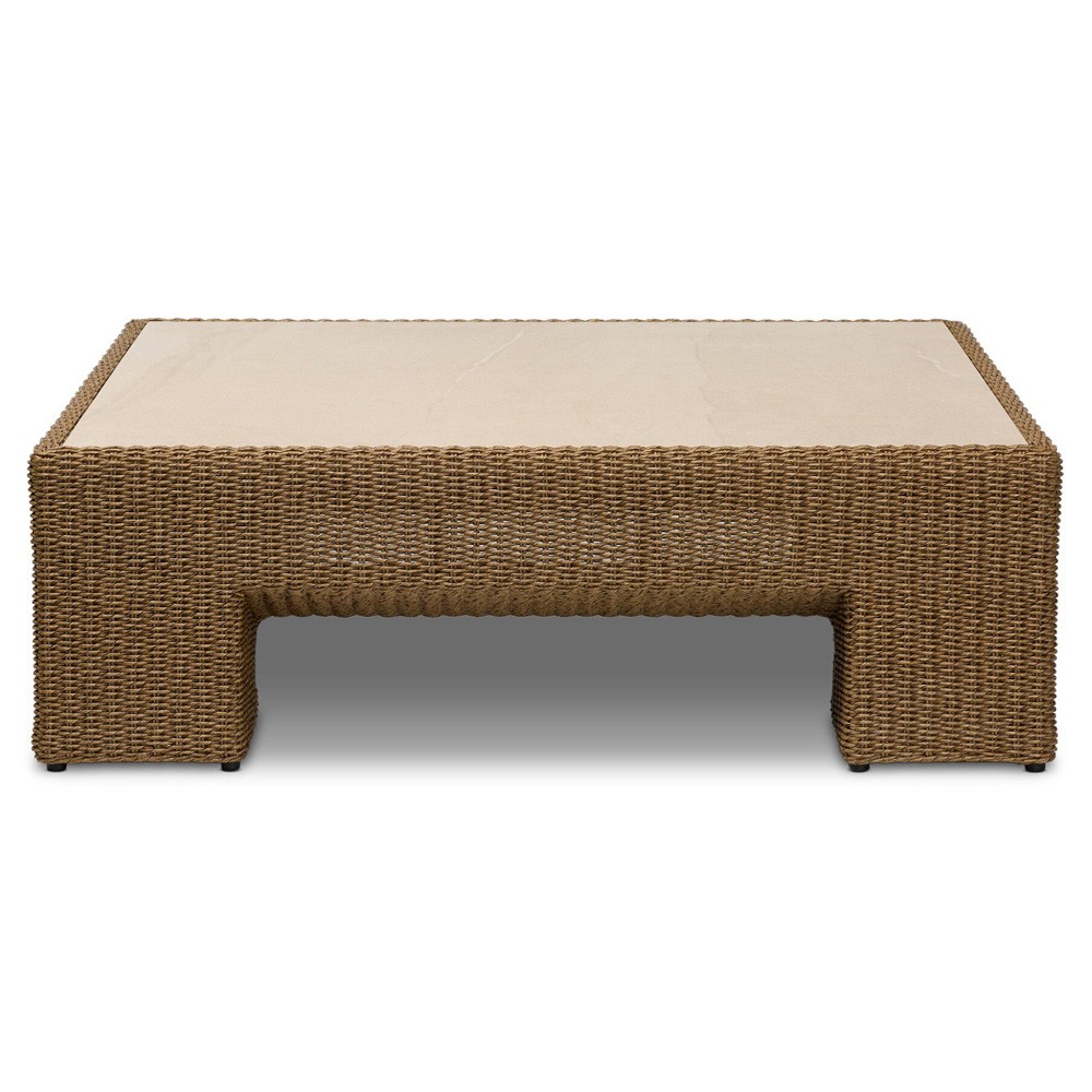 Maris Coastal Beach Beige Stone Woven Outdoor Coffee Table|