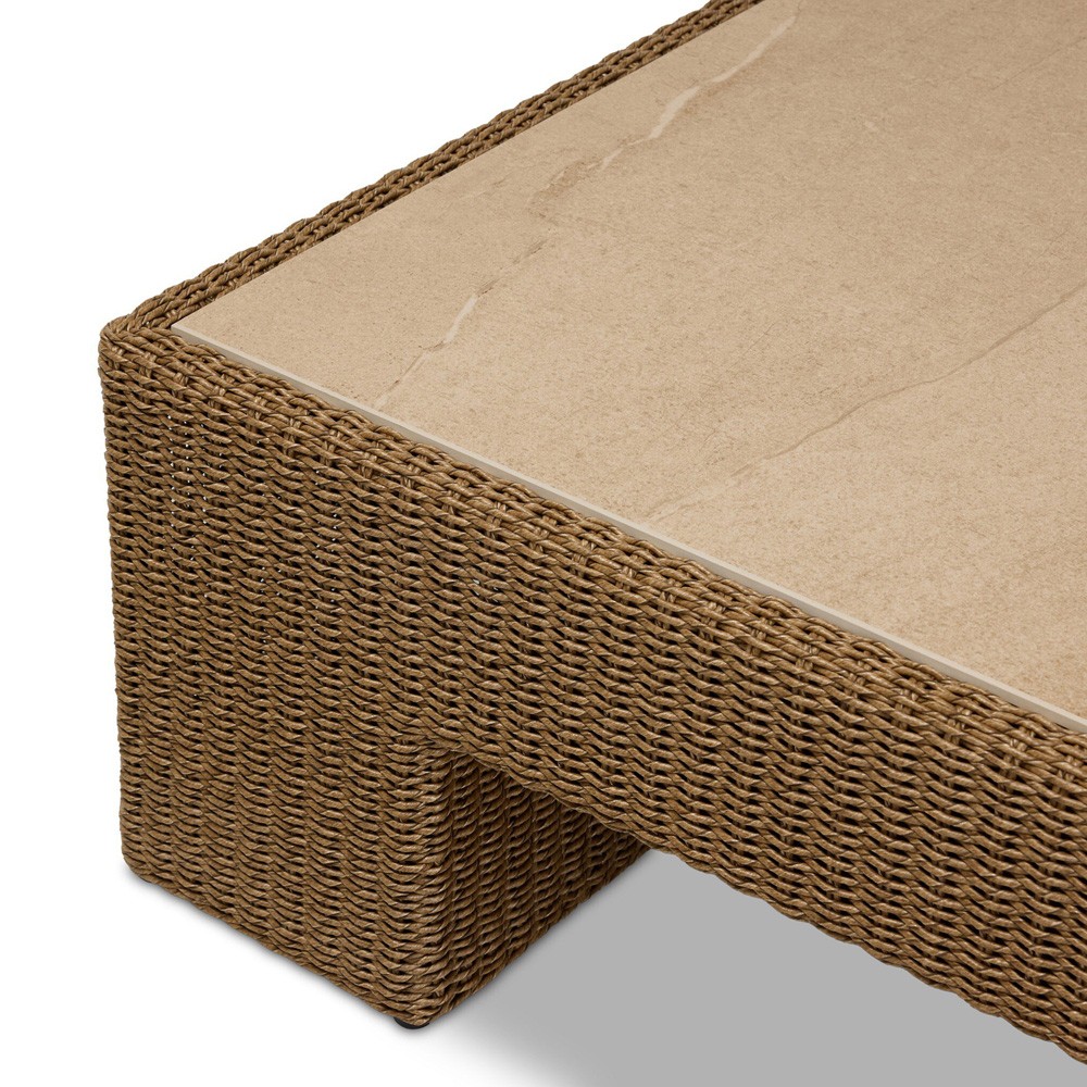 Maris Coastal Beach Beige Stone Woven Outdoor Coffee Table|