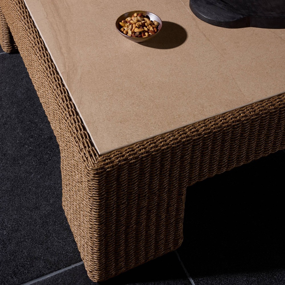 Maris Coastal Beach Beige Stone Woven Outdoor Coffee Table|