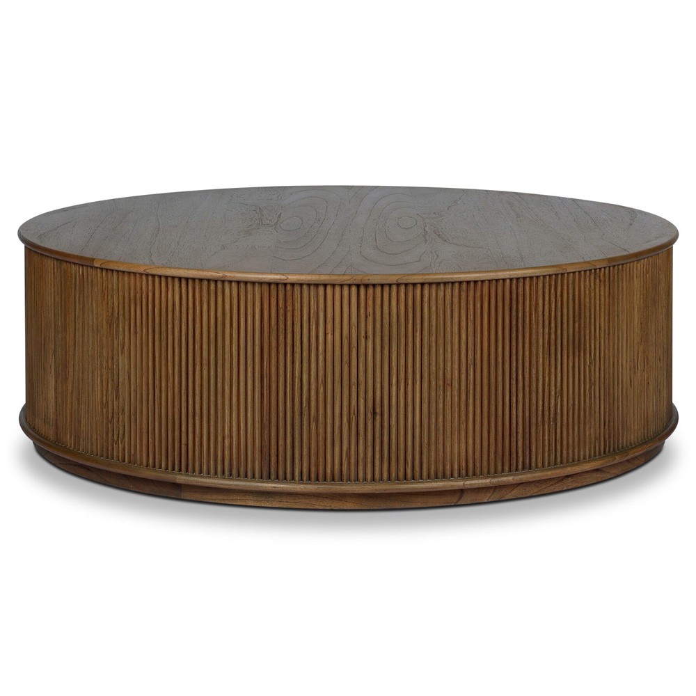 Ona Rustic Lodge Brown Wood Reeded Round Coffee Table|