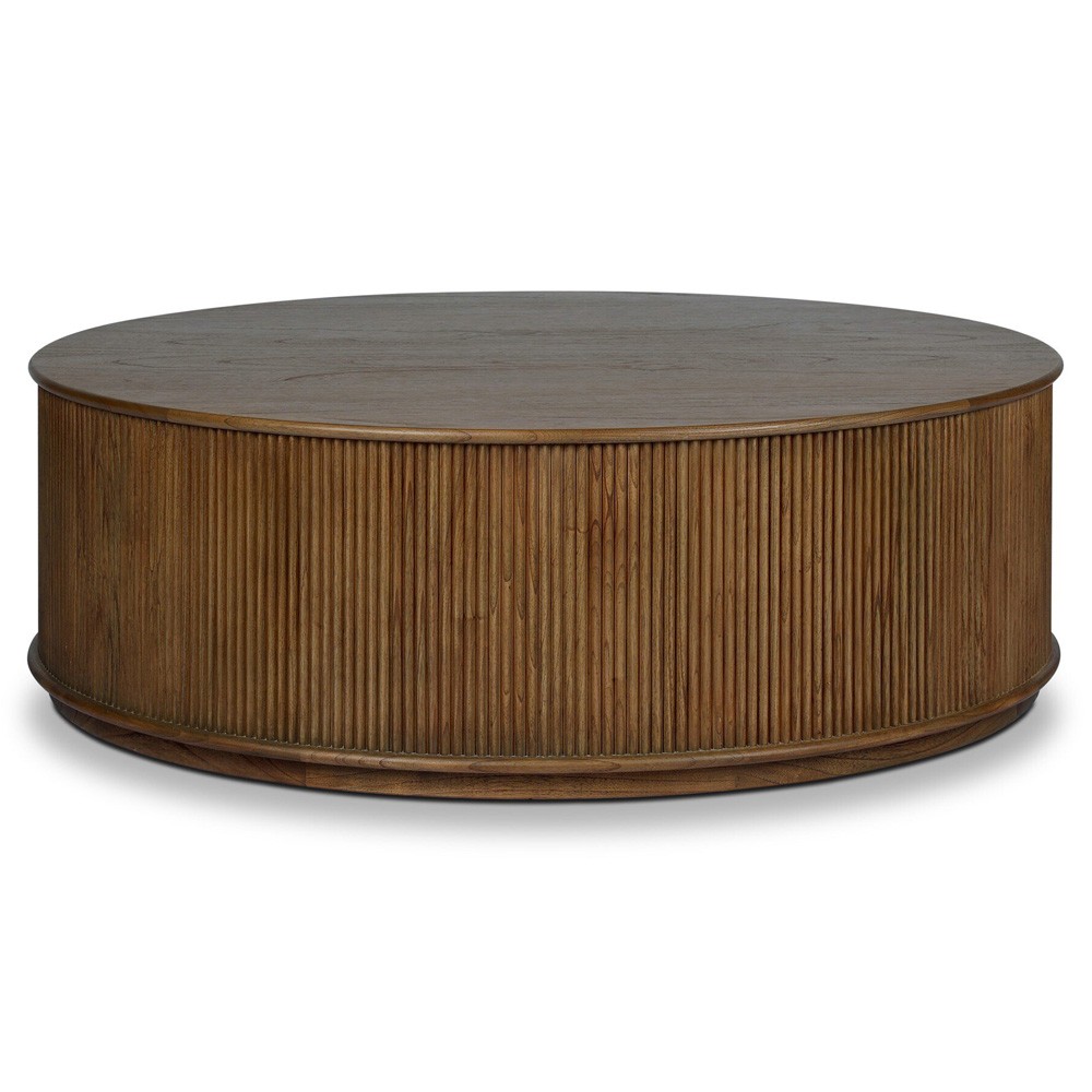Ona Rustic Lodge Brown Wood Reeded Round Coffee Table|
