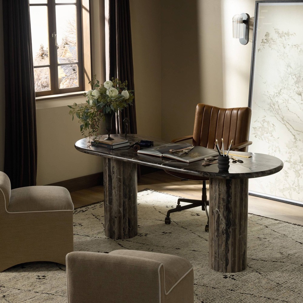 Ponce Modern Classic Brown Marble Oval Desk|