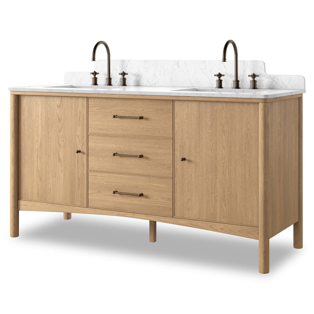 Porter Modern Classic White Marble Brown Oak Double Vanity Sink - 61"|