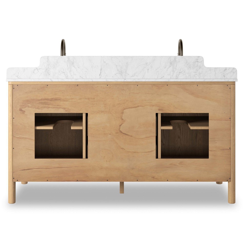 Porter Modern Classic White Marble Brown Oak Double Vanity Sink - 61"|
