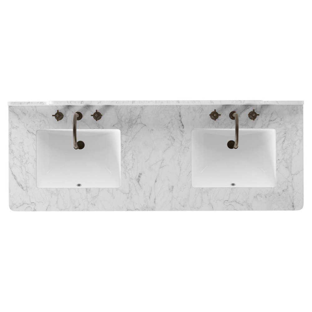 Porter Modern Classic White Marble Brown Oak Double Vanity Sink - 61"|