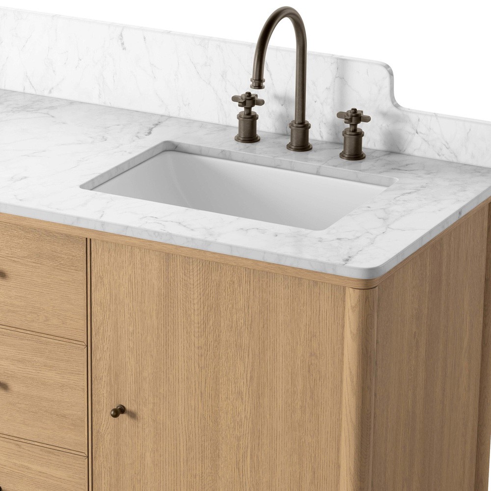 Porter Modern Classic White Marble Brown Oak Double Vanity Sink - 61"|