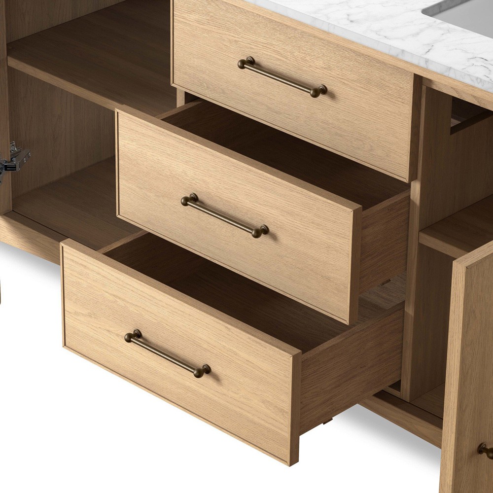 Porter Modern Classic White Marble Brown Oak Double Vanity Sink - 61"|