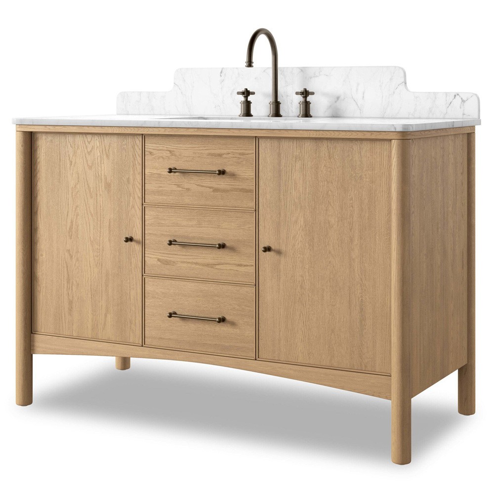 Porter Modern Classic White Marble Brown Oak Wide Single Vanity Sink - 49"|