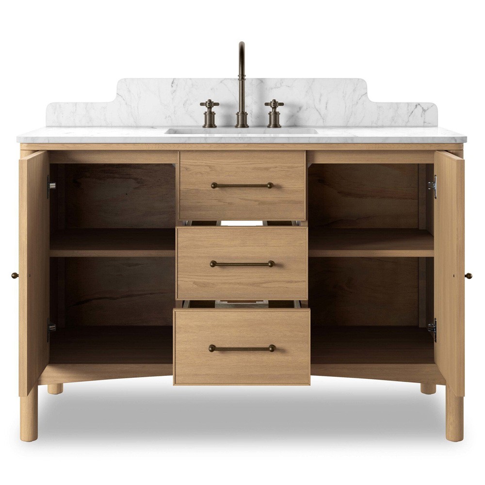 Porter Modern Classic White Marble Brown Oak Wide Single Vanity Sink - 49"|