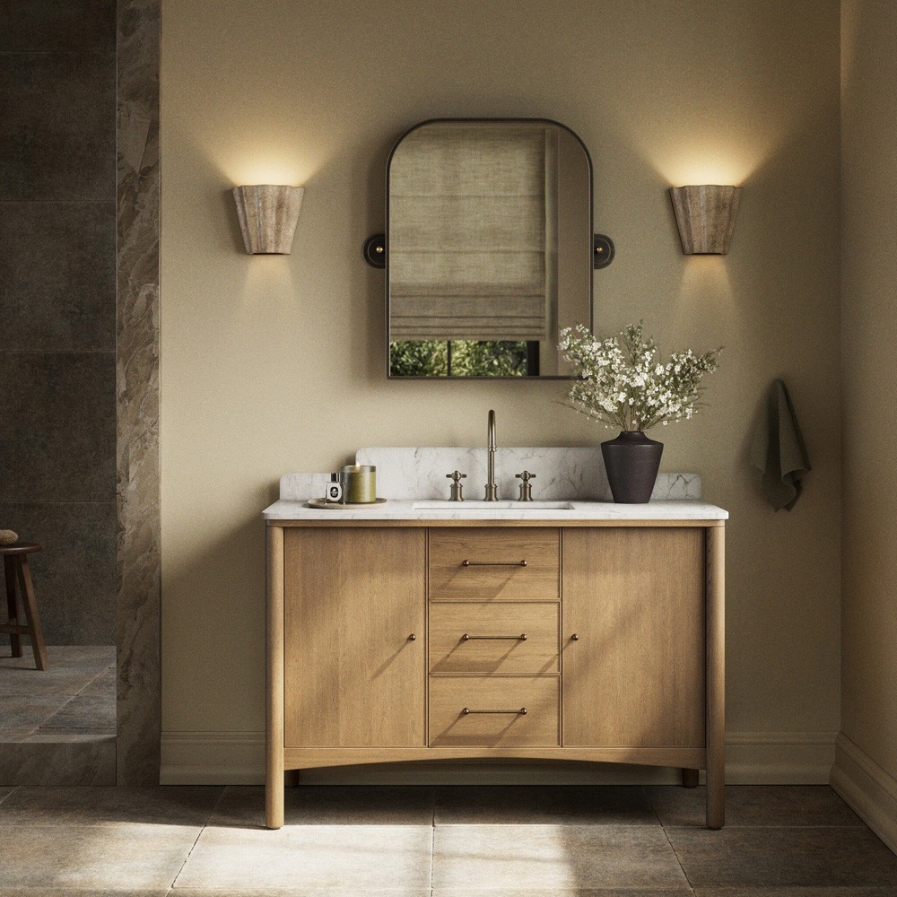 Porter Modern Classic White Marble Brown Oak Wide Single Vanity Sink - 49"|