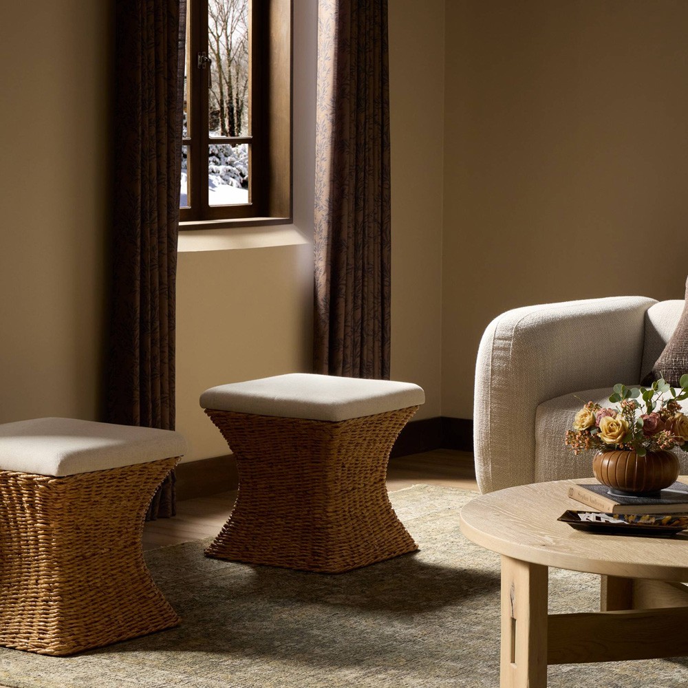 Raiko Coastal Beach Cream Woven Accent Stool|