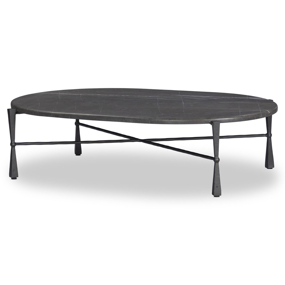 Rayna Updated Traditional Grey Marble Black Iron Oval Coffee Table|