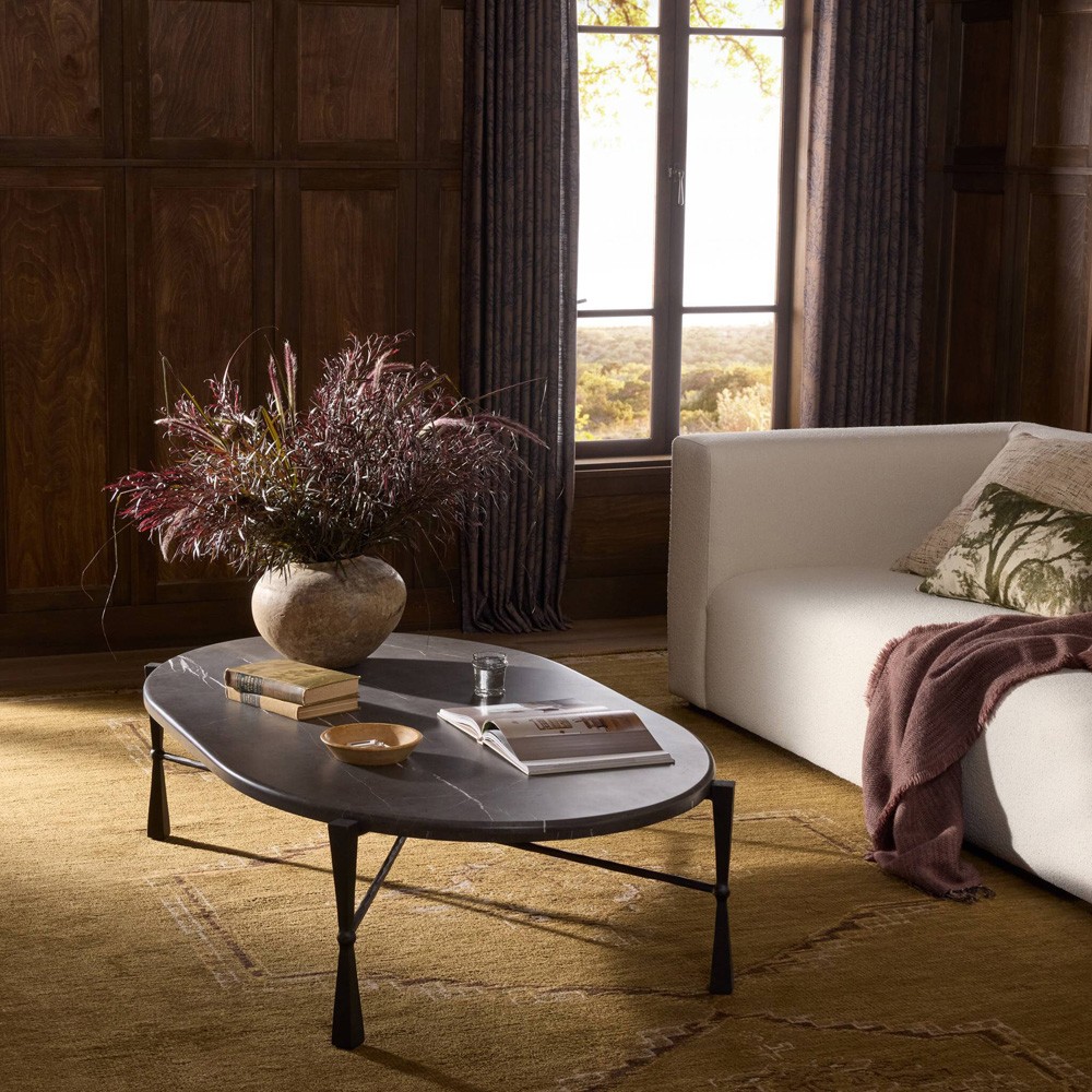 Rayna Updated Traditional Grey Marble Black Iron Oval Coffee Table|