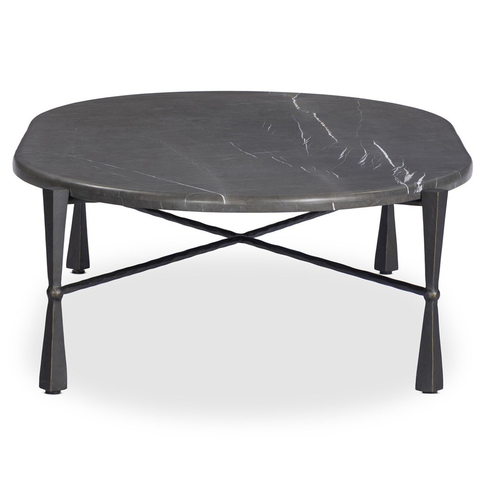 Rayna Updated Traditional Grey Marble Black Iron Oval Coffee Table|
