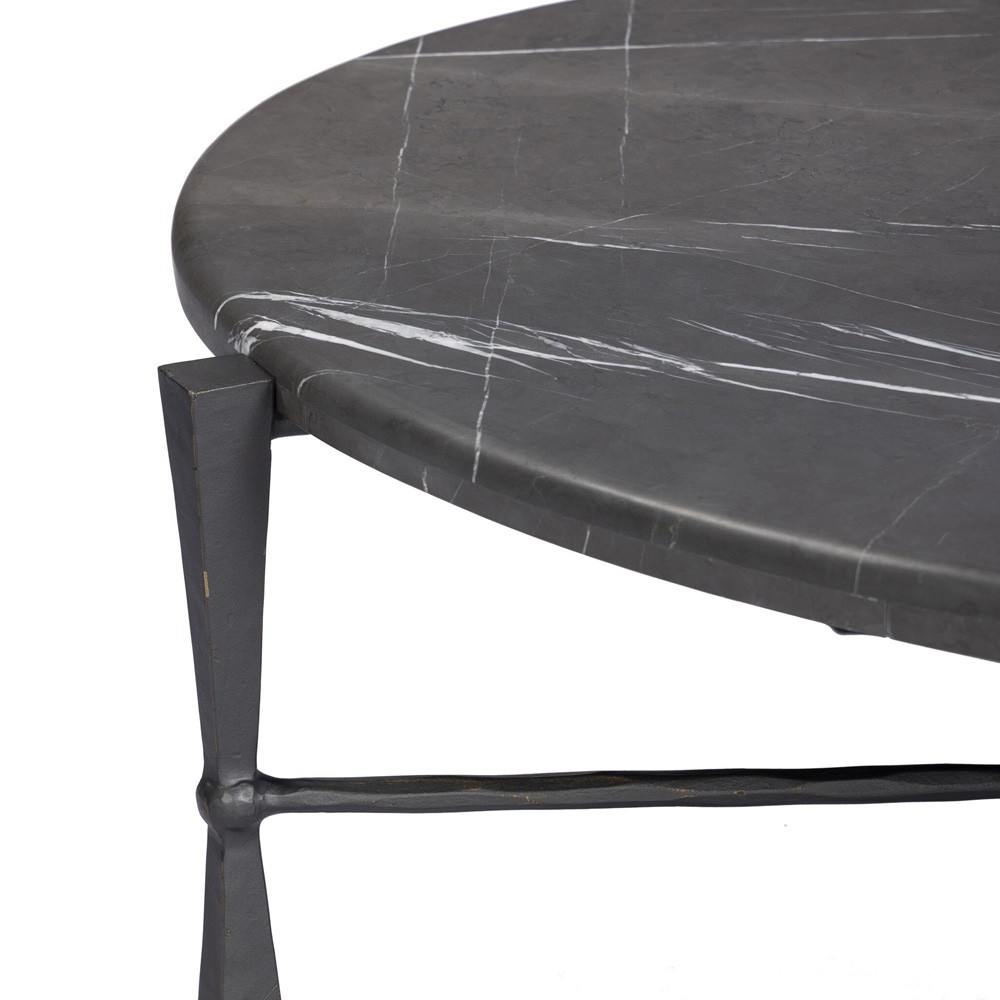 Rayna Updated Traditional Grey Marble Black Iron Oval Coffee Table|
