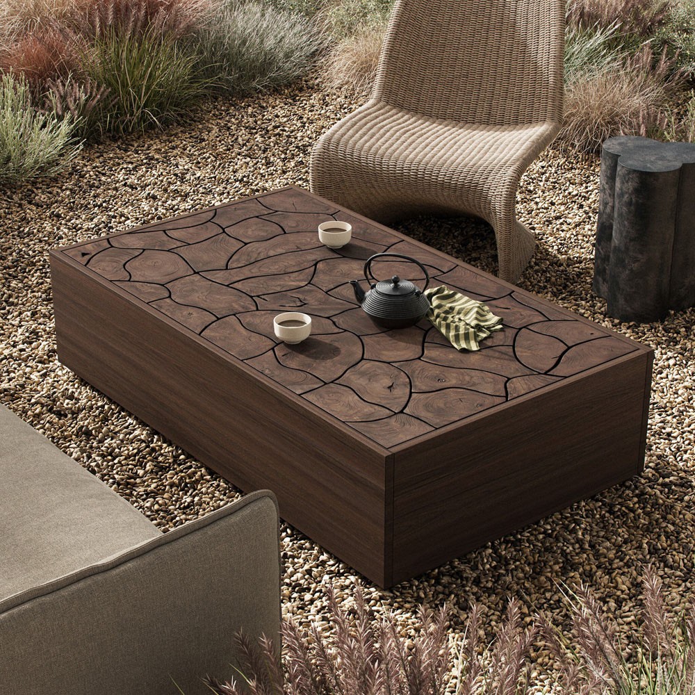 Ridge Rustic Lodge Dark Brown Teak Rectangular Block Outdoor Coffee Table|