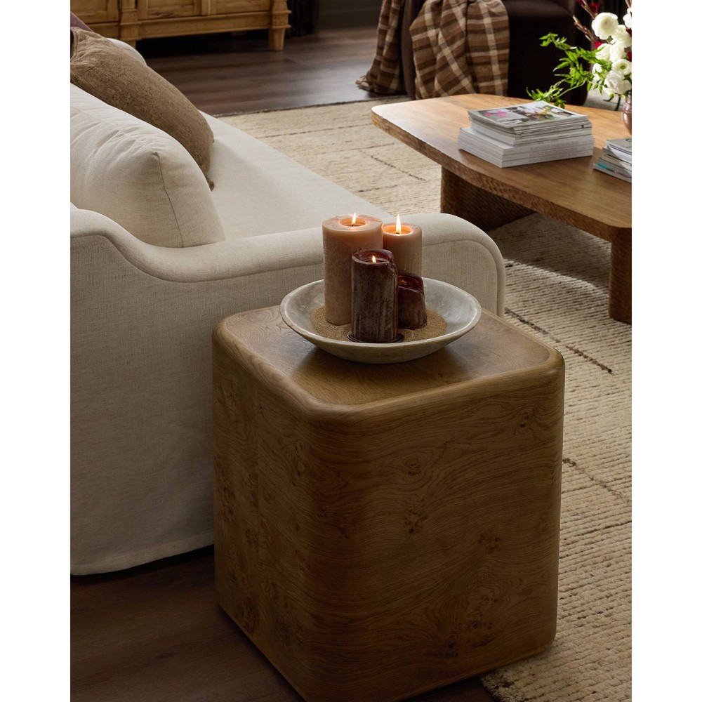 Talessi Modern Classic Brown Oak Burl Square Block End Table|