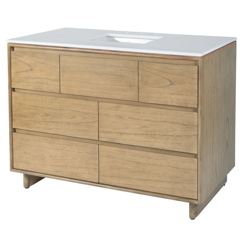 Alixane Modern Classic White Quartz Light Brown Wood Single Vanity Sink - 48"|