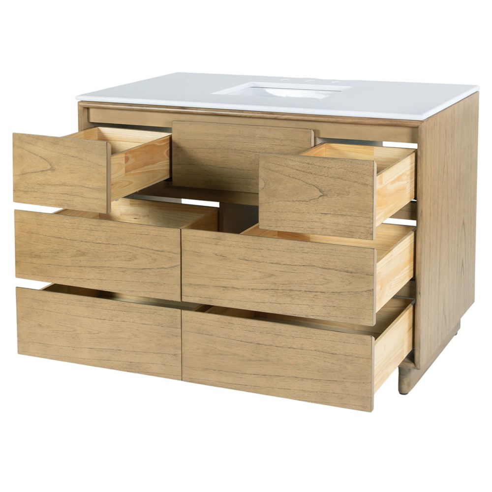 Alixane Modern Classic White Quartz Light Brown Wood Single Vanity Sink - 48"|