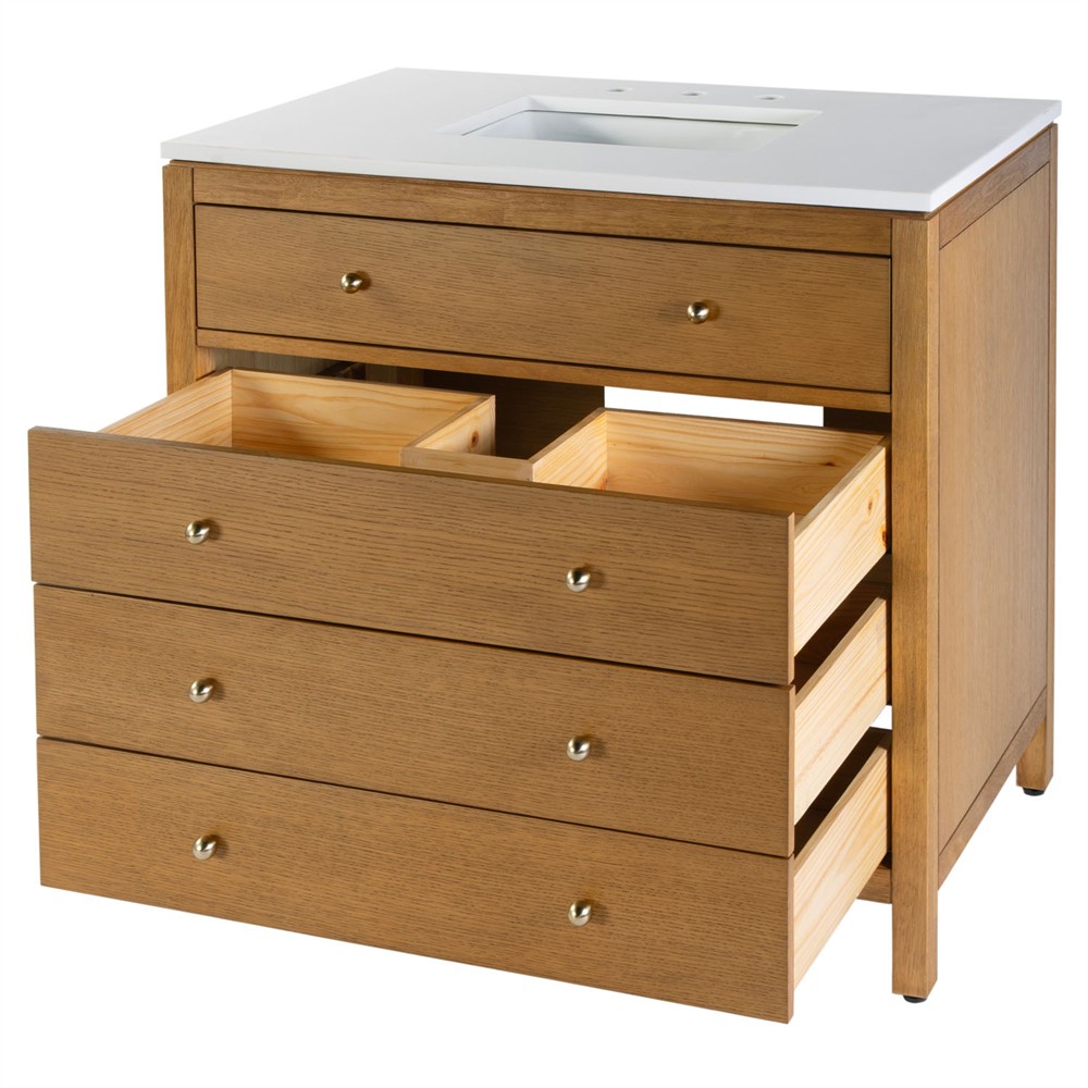 Svea Modern Classic White Quartz Light Natural Wood Single Vanity Sink - 36"|