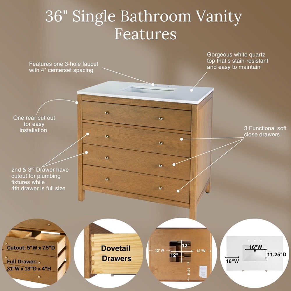 Svea Modern Classic White Quartz Light Natural Wood Single Vanity Sink - 36"|