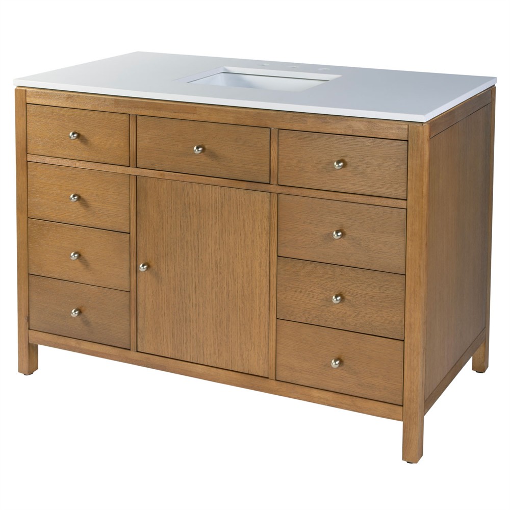 Svea Modern Classic White Quartz Light Natural Wood Single Vanity Sink - 48"|