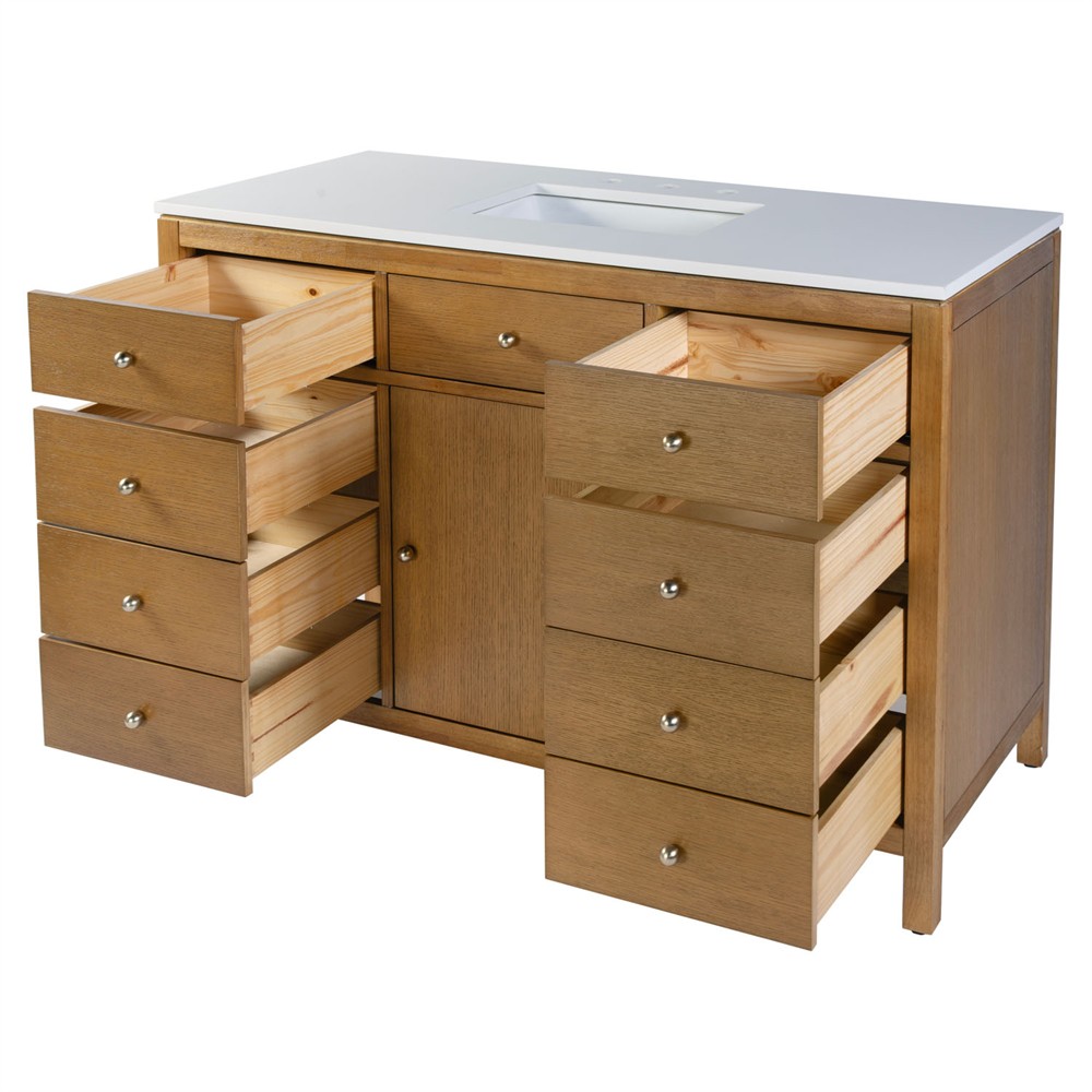 Svea Modern Classic White Quartz Light Natural Wood Single Vanity Sink - 48"|