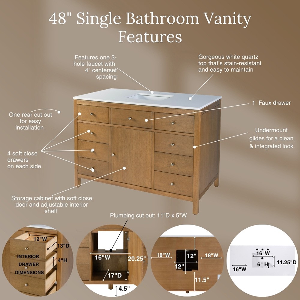 Svea Modern Classic White Quartz Light Natural Wood Single Vanity Sink - 48"|