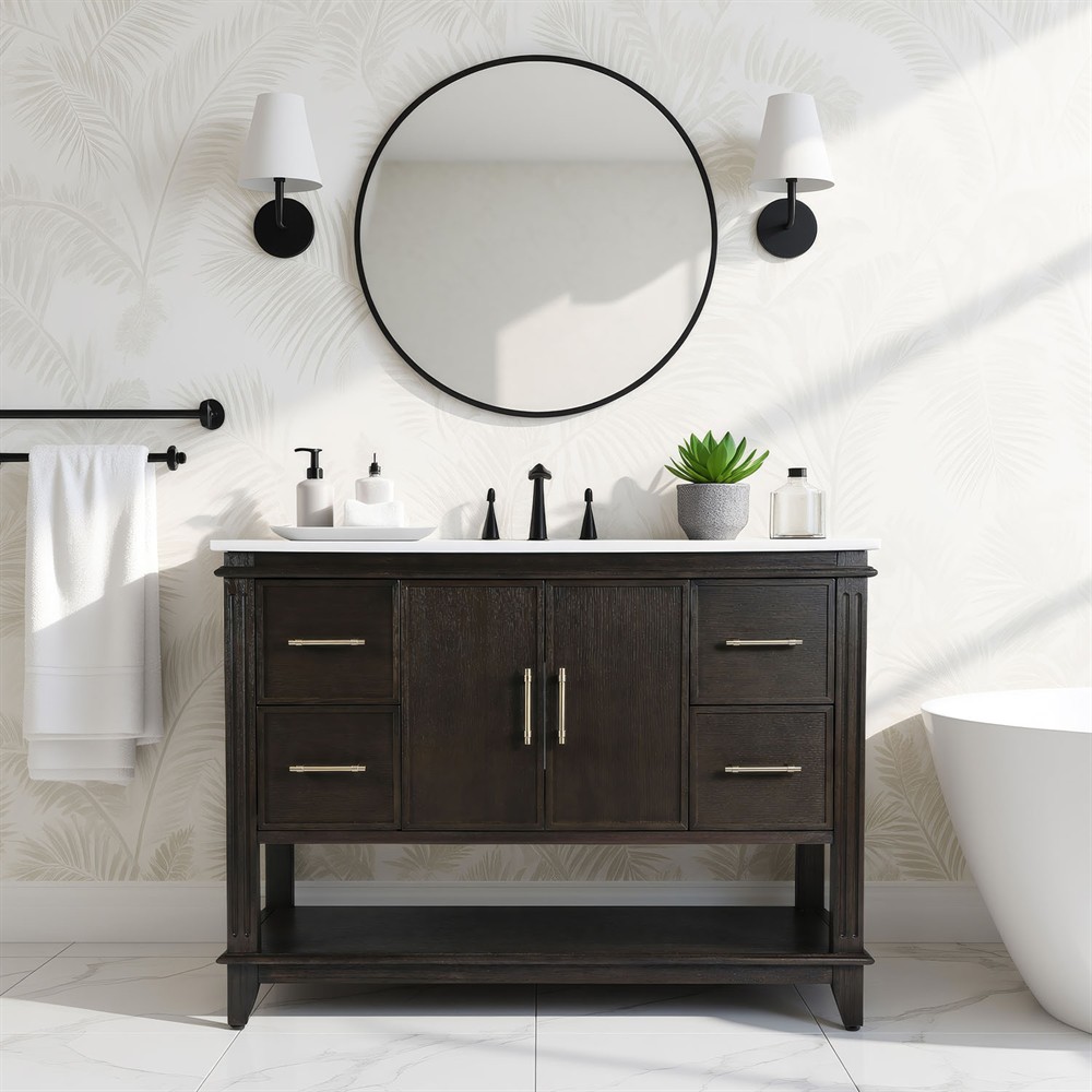 Colombe Traditional White Quartz Dark Brown Wood Single Vanity Sink - 48"|