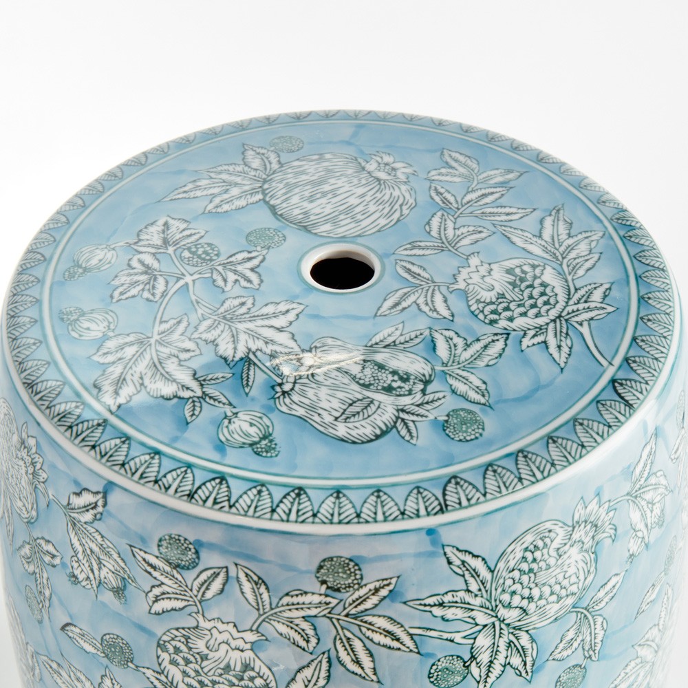 Teddy French Country Light Blue Porcelain Pomegranate Round Stool|