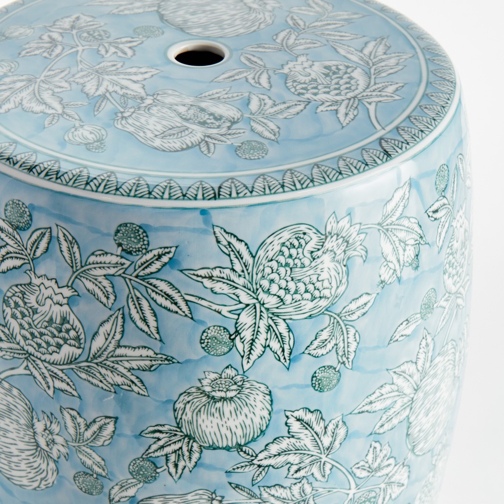 Teddy French Country Light Blue Porcelain Pomegranate Round Stool|