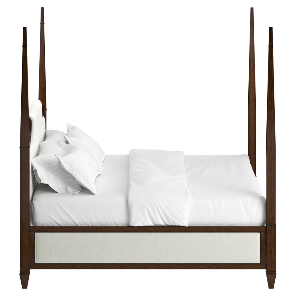 Gatlin Updated Traditional White Upholstered Brown Wood Four Poster Bed - King|
