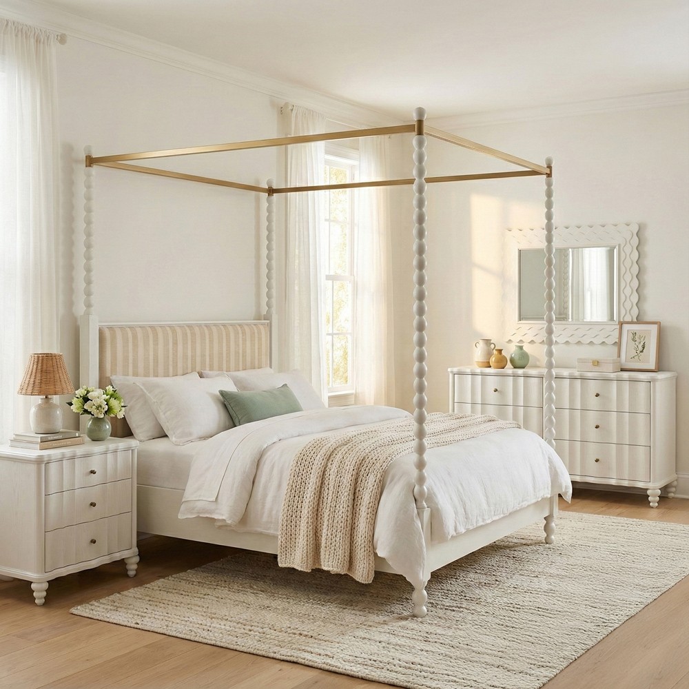 Dane Updated Traditional White Wood Canopy Spindle Bed - Queen|