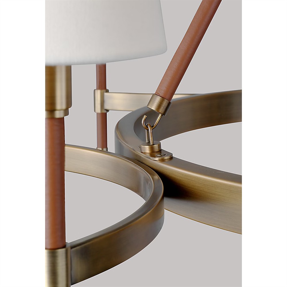 Katie Updated Traditional White Linen Shade Leather Brass Chandelier|