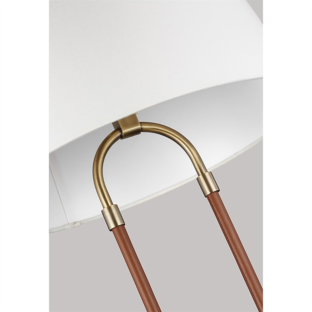 Katie Updated Traditional White Linen Shade Leather Brass Table Lamp|