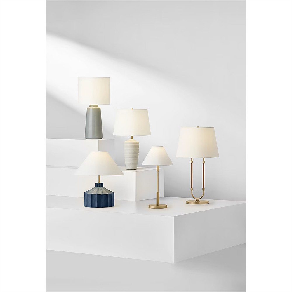 Katie Updated Traditional White Linen Shade Leather Brass Table Lamp|