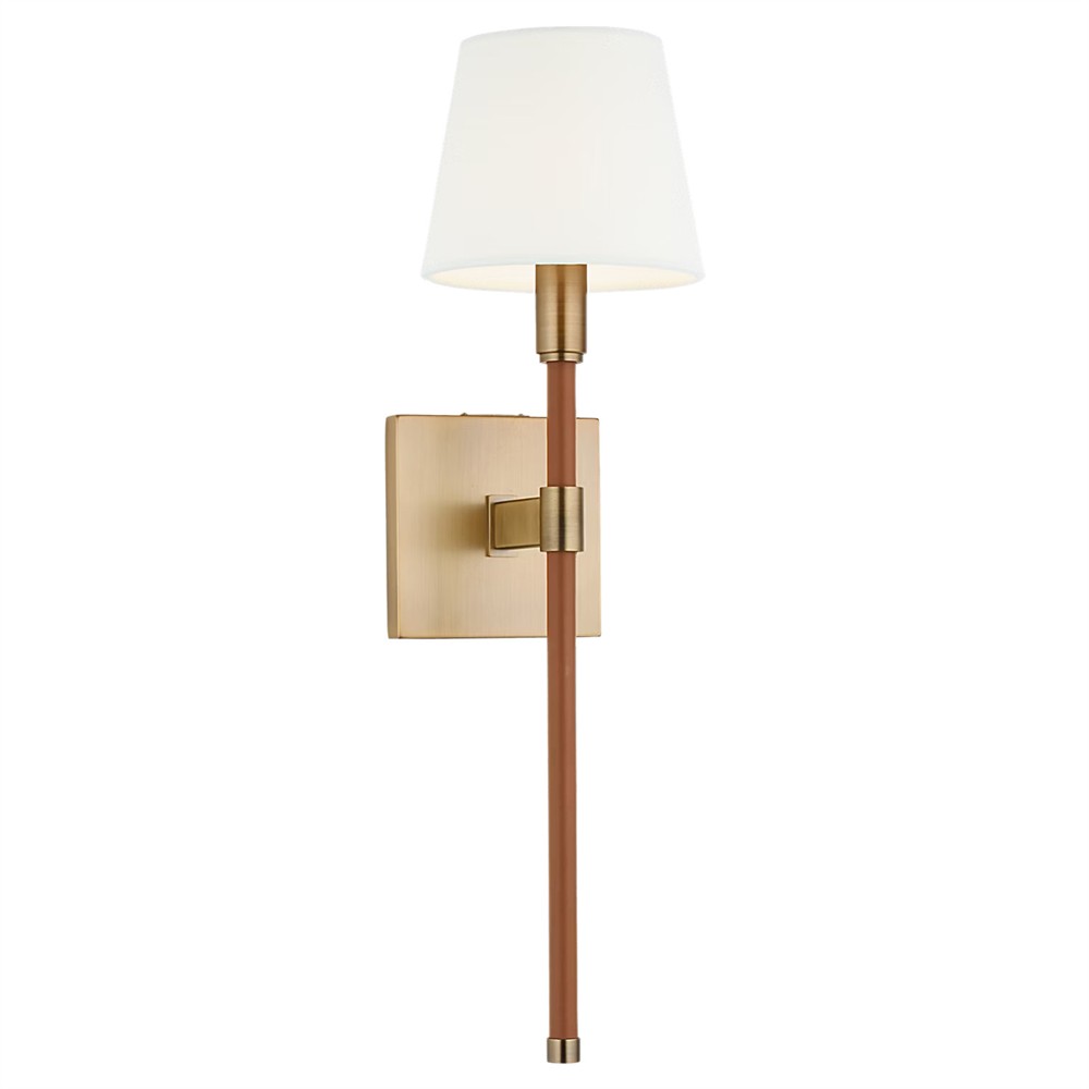 Katie Traditional White Linen Shade Leather Brass Armed Sconce|