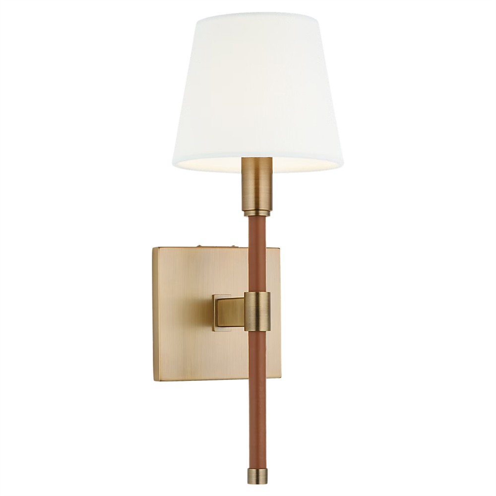 Katie Traditional White Linen Shade Leather Brass Armed Sconce|