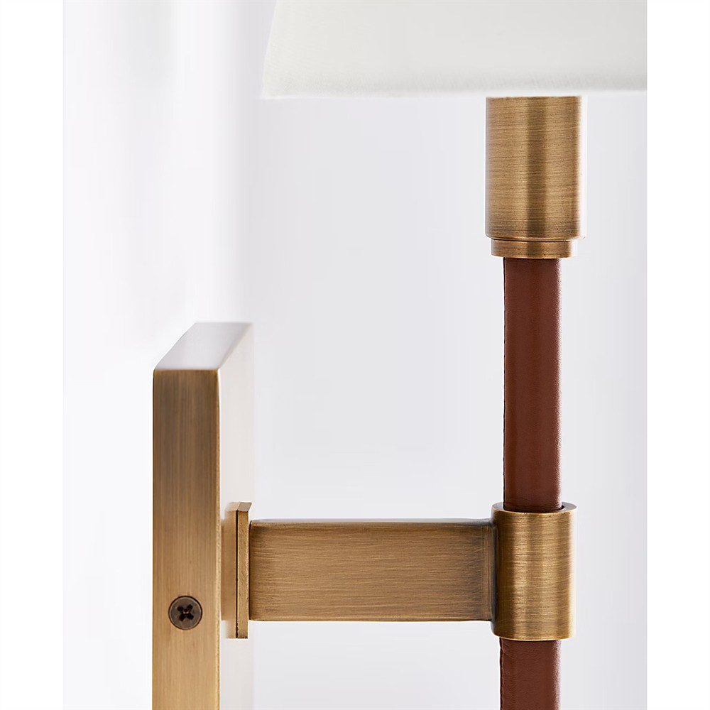 Katie Traditional White Linen Shade Leather Brass Double Armed Sconce|