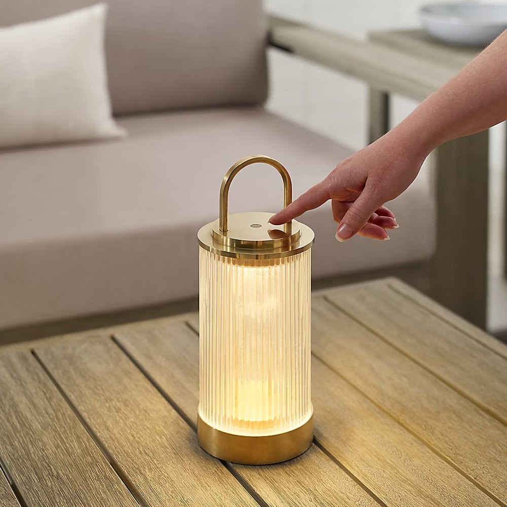 Tawa Modern Fluted Glass Natural Brass Rechargeable Outdoor Table Lamp|